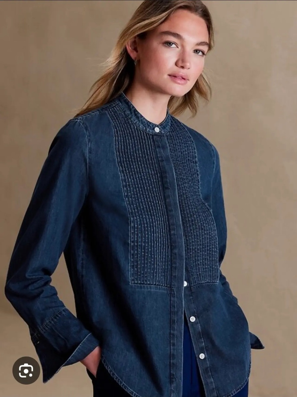 Women’s Dark Blue Pintuck Tuxedo Front Denim Shirt